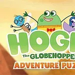 Ba nhân vật hoạt hình vui vẻ với dòng chữ Hogie the Globehopper Adventure Puzzle trên nền cảnh kim tự tháp màu vàng cam