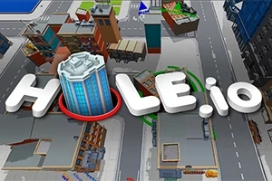 Hole.io Đồ họa 3D hiển thị một thành phố với các tòa nhà và con đường, kèm theo tiêu đề lớn ở phía trước