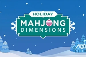 Hình ảnh hiển thị tiêu đề Holiday Mahjong Dimensions trên nền cảnh mùa đông với tuyết và ngôi nhà