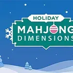 Hình ảnh hiển thị tiêu đề Holiday Mahjong Dimensions trên nền cảnh mùa đông với tuyết và ngôi nhà