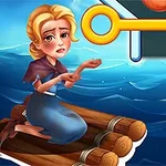 Người phụ nữ với vẻ mặt lo lắng ngồi trên bè gỗ, cạnh một cơ cấu với chốt khóa và quả cầu lửa