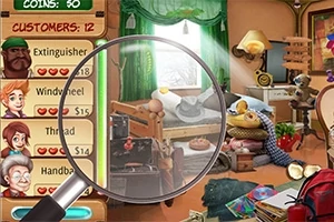 Kính lúp phóng to một góc của căn phòng lộn xộn với giường, đồ đạc và trang trí màu sắc rực rỡ