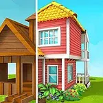 Ngôi nhà được chia thành hai phần: bên trái là khung gỗ chưa hoàn thiện, bên phải là ngôi nhà hoàn chỉnh có mái ngói vàng và tường màu hồng với cửa sổ