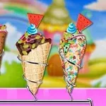 Ba cây kem ốc quế trang trí với kem xanh và lát dưa hấu, nền cầu vồng và các tòa nhà giống như kẹo