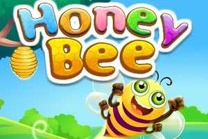 Một chú ong hoạt hình vui vẻ với tổ ong dưới chữ Honey Bee đầy màu sắc, nền là cảnh thiên nhiên