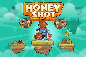 Honey Shot Gấu mặc áo giáp đứng trên đảo nổi với ong, trái cây và giọt mật xung quanh, cùng chữ Honey Shot trên nền xanh