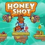 Honey Shot Gấu mặc áo giáp đứng trên đảo nổi với ong, trái cây và giọt mật xung quanh, cùng chữ Honey Shot trên nền xanh