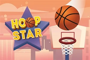 Hình ảnh một quả bóng rổ bay về phía rổ, với chữ Hoop Star trên ngôi sao màu tím ở nền cam