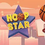 Hình ảnh một quả bóng rổ bay về phía rổ, với chữ Hoop Star trên ngôi sao màu tím ở nền cam