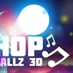 Hình ảnh có một viên bi phát sáng cùng các nốt nhạc và chữ Hop Ballz 3D nổi bật trên nền trời đêm với khung cảnh huyền ảo