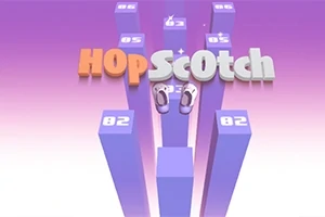 Hình ảnh có dòng chữ HopScotch nổi bật và đôi giày trên các cột màu tím với các số trên mặt nền màu tím hồng