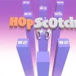 Hình ảnh có dòng chữ HopScotch nổi bật và đôi giày trên các cột màu tím với các số trên mặt nền màu tím hồng