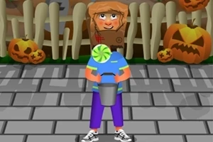 Một người trong trang phục Halloween cầm xô, đứng trên vỉa hè với các quả bí ngô trang trí phía sau