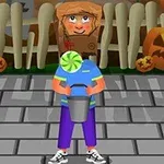 Một người trong trang phục Halloween cầm xô, đứng trên vỉa hè với các quả bí ngô trang trí phía sau