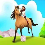 Một cô gái cưỡi ngựa trên đồng cỏ xanh với núi và cây cối phía sau trong bầu trời trong xanh