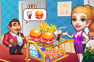 Nhân viên và khách hàng hoạt hình trong quán đồ ăn nhanh với bánh burger, khoai tây chiên và quầy phục vụ đầy màu sắc