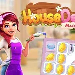 Người phụ nữ tóc đỏ mặc tạp dề tím cầm công cụ, đứng cạnh bảng câu đố gồm các biểu tượng khác nhau