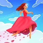 Người phụ nữ mặc váy hồng bay lượn trên bầu trời với những đám mây và cánh hoa rơi