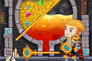 Nhân vật tóc vàng cầm khiên đứng gần một bức tường đá với các đơn vị vàng và châu báu được giữ trên một tấm ván nghiêng, phía trước là dung nham đỏ cam