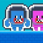 Hai nhân vật pixel nghệ thuật, màu xanh và màu hồng, đội mũ bảo hiểm đứng cạnh nhau trên một nền xanh dương