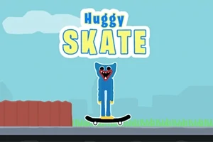 Một nhân vật màu xanh đứng trên ván trượt, phía trên có dòng chữ Huggy Skate