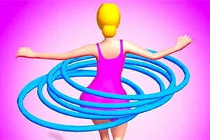 Một nhân vật hoạt hình tóc vàng mặc váy hồng đang xoay nhiều vòng tròn xanh quanh eo trên nền hồng