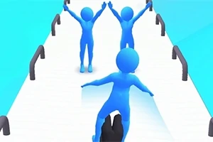 Ba hình người màu xanh di chuyển trên một cây cầu trắng với lan can đen