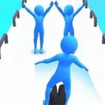Ba hình người màu xanh di chuyển trên một cây cầu trắng với lan can đen