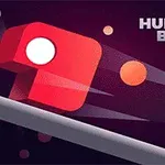 Hình ảnh hiển thị một khối đỏ với vòng tròn trắng ở giữa di chuyển nhanh trên nền màu tím, với chữ Hungry Box ở góc trên bên phải