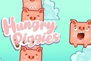 Hình ảnh có nền màu xanh với bốn chú heo hoạt hình có biểu cảm vui nhộn và chữ Hungry Piggies ở giữa