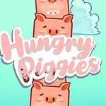 Hình ảnh có nền màu xanh với bốn chú heo hoạt hình có biểu cảm vui nhộn và chữ Hungry Piggies ở giữa