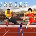 Ba vận động viên đang thi đấu nhảy rào trên sân vận động, với chữ HURDLES phía trên