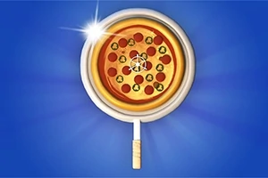 Một chiếc pizza pepperoni trên chảo, được chiếu sáng, nền xanh
