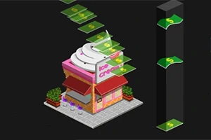 Cửa hàng kem nhỏ với mái hình xoắn ốc và tiền bay lên phía trên trong nền màu đen
