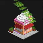 Cửa hàng kem nhỏ với mái hình xoắn ốc và tiền bay lên phía trên trong nền màu đen