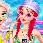 Hai nhân vật hoạt hình với tóc trắng và đỏ, mặc đồ bơi sặc sỡ, đội mũ, đeo kính thời trang, đứng trước bể bơi với phao hình con hồng hạc