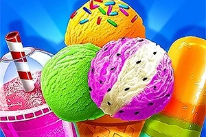 Ly kem với nhiều viên kem đầy màu sắc và que kem trái cây, ly nước sinh tố màu hồng với ống hút kẻ sọc đỏ trắng