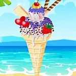 Ly kem với nhiều viên kem đầy màu sắc và que kem trái cây, ly nước sinh tố màu hồng với ống hút kẻ sọc đỏ trắng