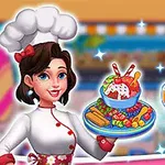 Một đầu bếp nữ vui vẻ, đội mũ trắng, cầm một đĩa kem và bánh kẹo nhiều màu sắc