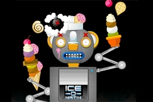 Một con robot có vẻ ngoài hoạt hình đang giữ nhiều que kem, với một quả bom và bánh kẹo trên đầu, và biểu cảm gương mặt ngạc nhiên