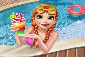 Cô gái với tóc tết màu cam đội kính râm đứng trong hồ bơi, cầm ly cocktail nhiều màu sắc