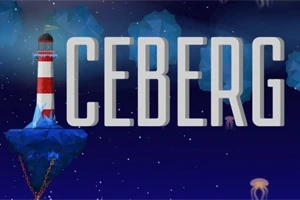 Ngọn hải đăng đỏ trắng trên một tảng băng trôi nổi trong không gian với từ ICEBERG lớn phía trước