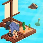 Nhân vật với tóc xanh đang ngồi trên một chiếc bè gỗ trên mặt nước, xung quanh có thùng gỗ và chai lọ nổi