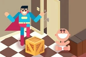 Nhân vật hoạt hình mặc trang phục siêu anh hùng đứng gần một thùng gỗ và em bé cười ngồi trên sàn nhà