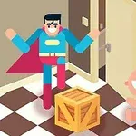 Nhân vật hoạt hình mặc trang phục siêu anh hùng đứng gần một thùng gỗ và em bé cười ngồi trên sàn nhà
