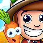 Một nhân vật hoạt hình đội mũ với nụ cười rộng, cầm một chiếc cào và đứng cạnh một củ cà rốt có mắt to và xung quanh có các đồng tiền vàng