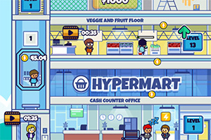 Một tòa nhà nhiều tầng với các cửa hàng và nhân vật hoạt hình, có biển hiệu HYPERMART