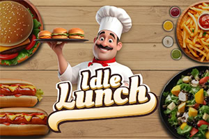 Đầu bếp cầm khay mini burger giữa nền gỗ, xung quanh có hình ảnh bánh burger, hotdog, mì Ý và salad