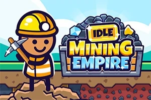 Công nhân hoạt hình cầm cuốc trước đống đá lớn với chữ IDLE MINING EMPIRE