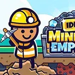 Công nhân hoạt hình cầm cuốc trước đống đá lớn với chữ IDLE MINING EMPIRE